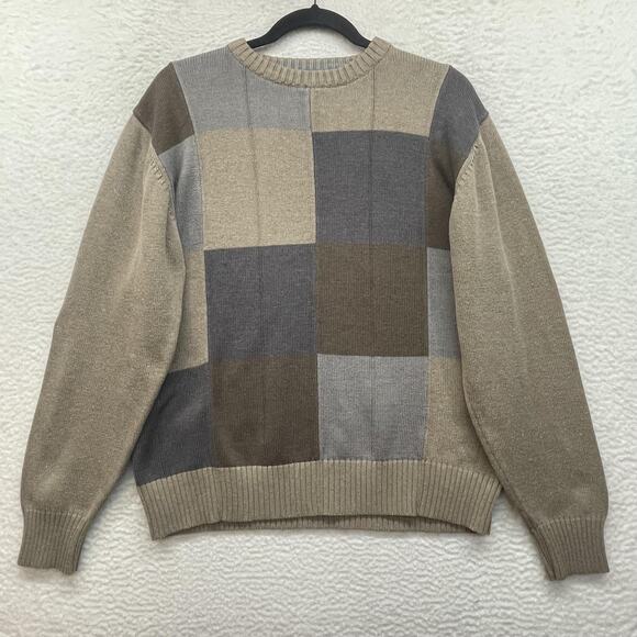 Oscar de la Renta Sweater Mens Medium Brown Patchwork Color Block Crew Grandpa - Picture 1 of 10